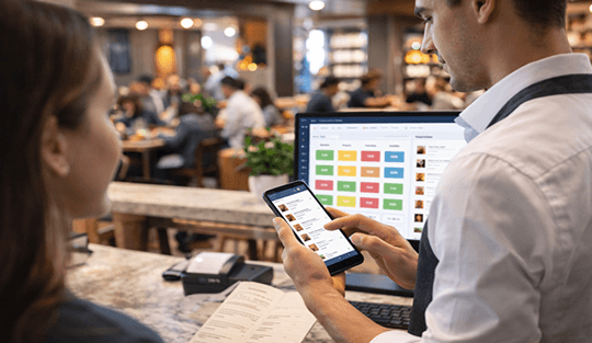 Garçom realizando atendimento ao cliente com aplicativo de pedidos no celular integrado ao sistema ERP MaltiUP